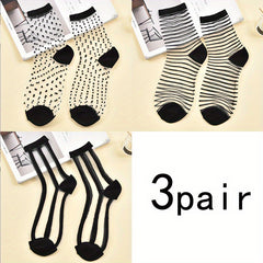 3 Pairs Polka Dot & Striped Sheer Mesh Mid Tube Socks Women's Stockings