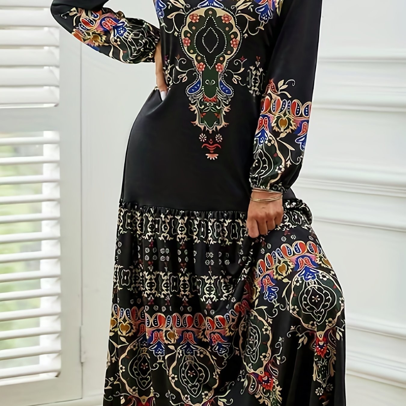 Tribal Print Long Sleeve Maxi Dress