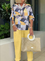 Women's Plus Geometric Print Top & Solid Pants Two Piece Set
