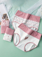 4 Heart Print Briefs High Waist Stretchy Intimates Panties Women's Lingerie