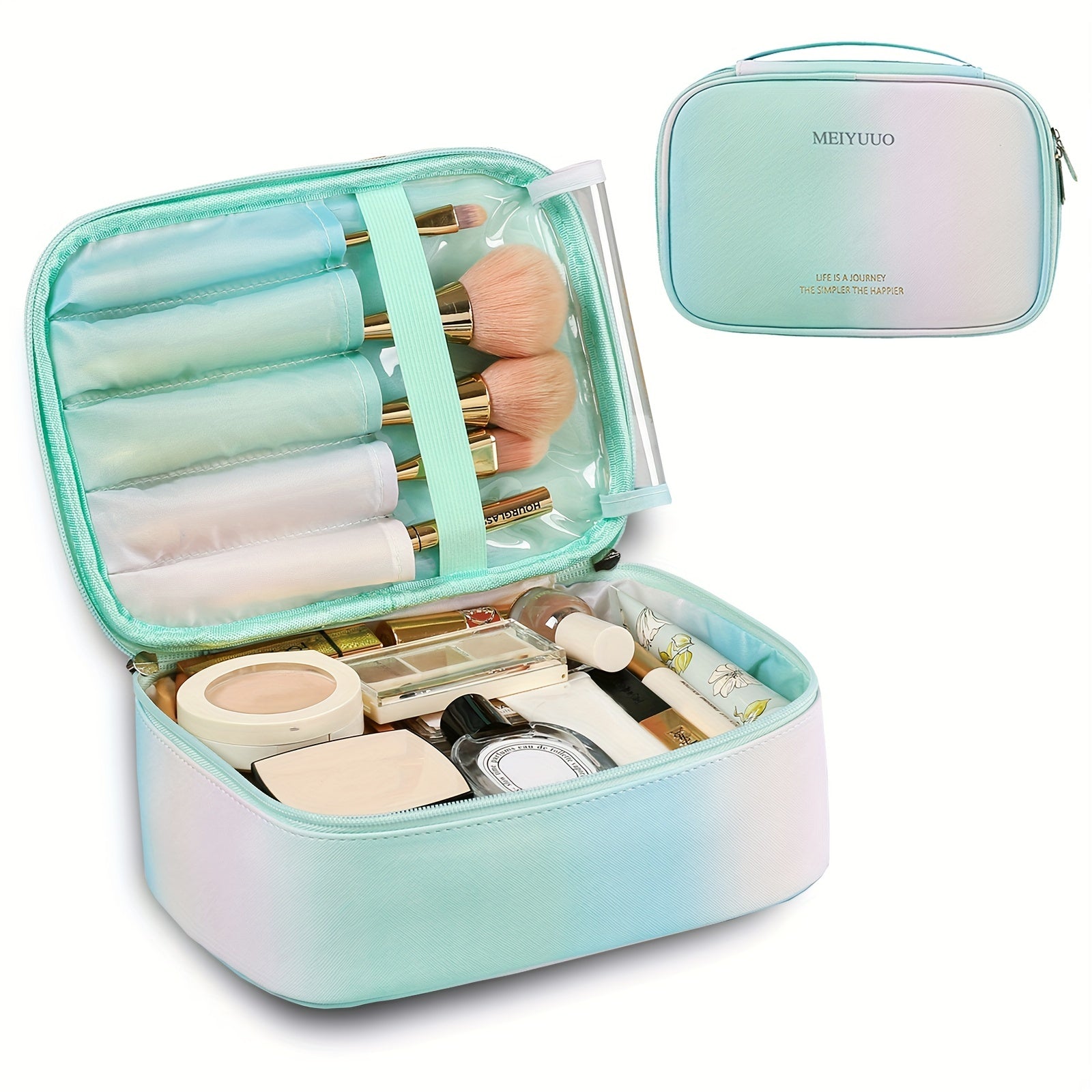 Large Capacity Gradient Makeup Bag with Brush Holder and Handle