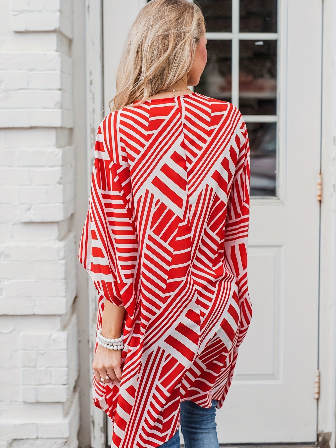 Geometrical Print Cover Up Shirt V Neck Half Sleeves Semi Sheer Loose Fit Cardig