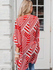 Geometrical Print Cover Up Shirt V Neck Half Sleeves Semi Sheer Loose Fit Cardig