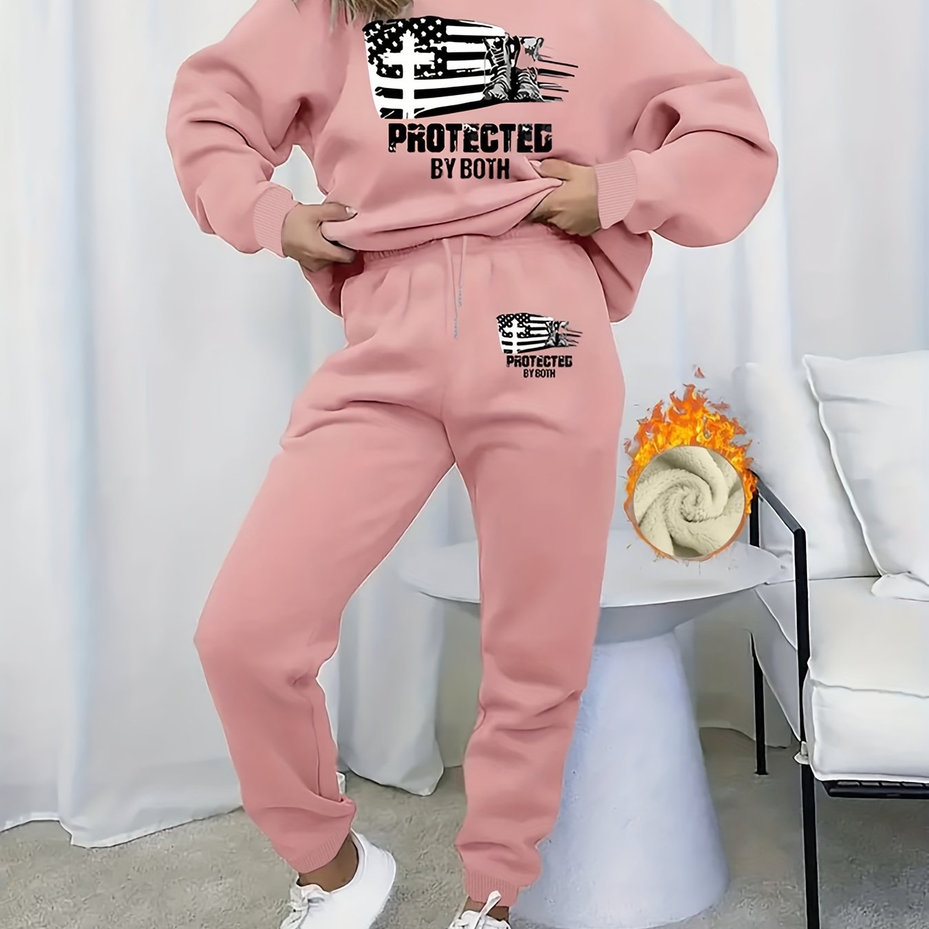 Women's Plus Size Slogan & Flag Print Fleece Liner Sweatshirt & Joggers Set