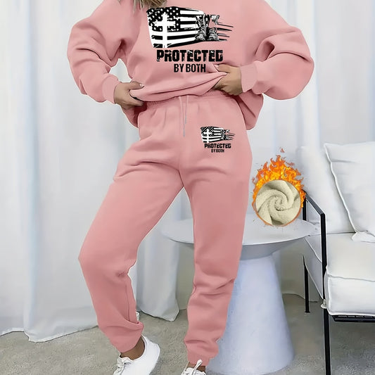 Women's Plus Size Slogan & Flag Print Fleece Liner Sweatshirt & Joggers Set
