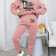 Women's Plus Size Slogan & Flag Print Fleece Liner Sweatshirt & Joggers Set