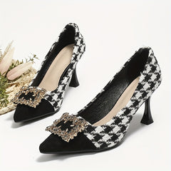 Houndstooth High Heels Rhinestone Buckle Cap Toe Stiletto Pumps