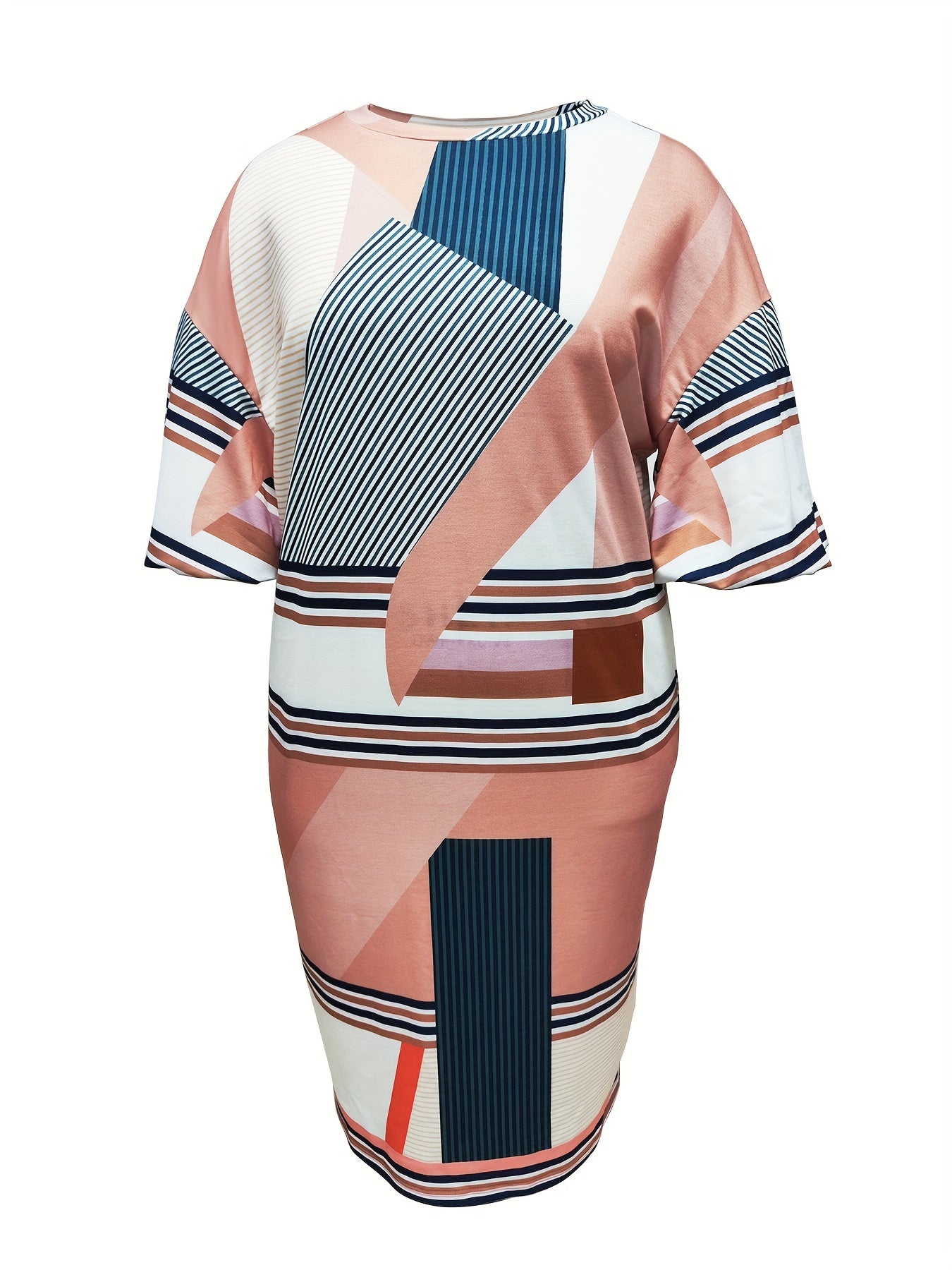 Geometric Print Lantern Sleeve Bodycon Midi Dress