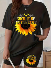 Women's Plus Sunflower & Slogan Print Top & Shorts Set