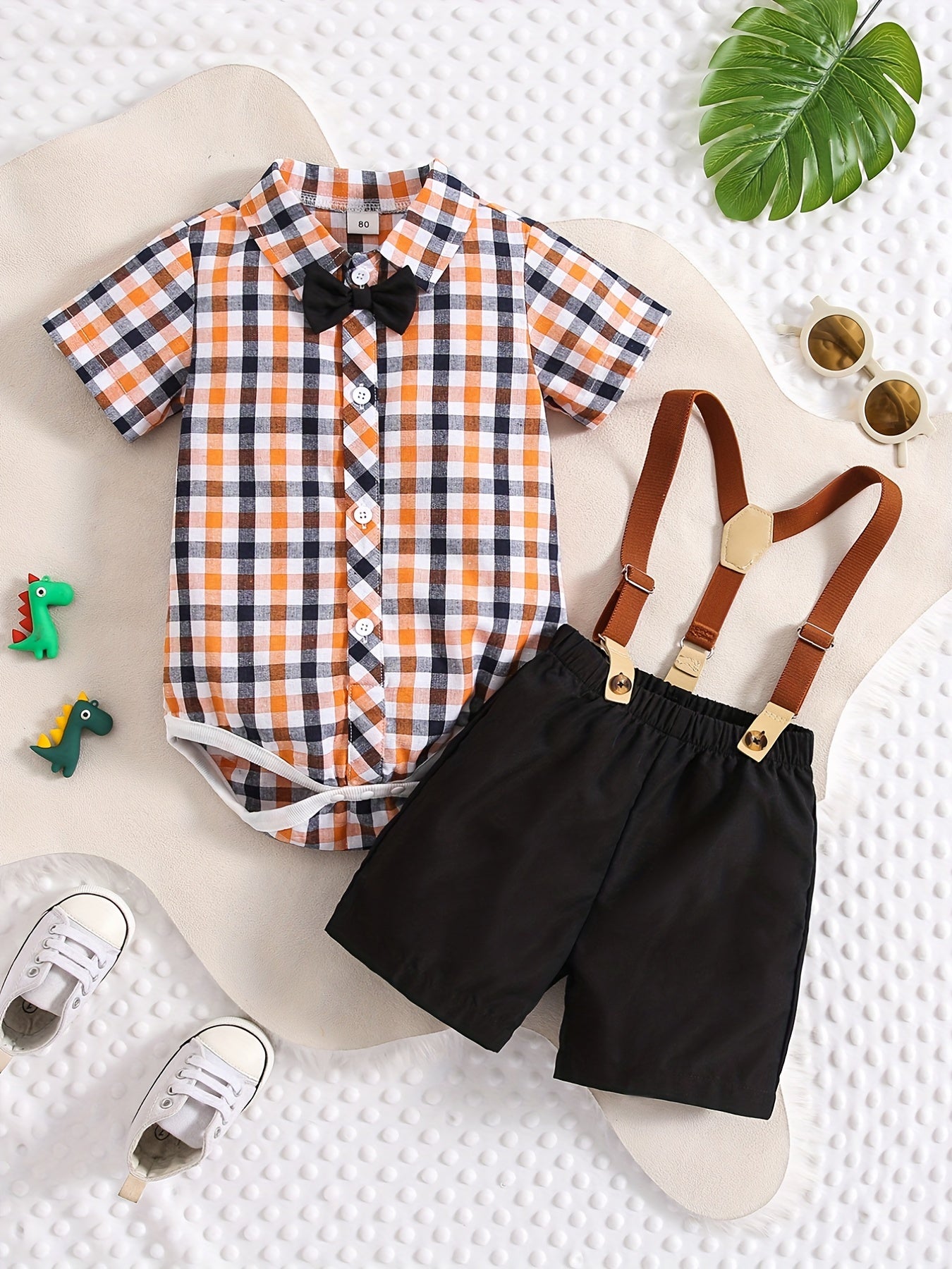 Plaid Outfit Baby Boys 2pc Bowtie Shirt & Suspender Shorts Set