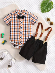 Plaid Outfit Baby Boys 2pc Bowtie Shirt & Suspender Shorts Set