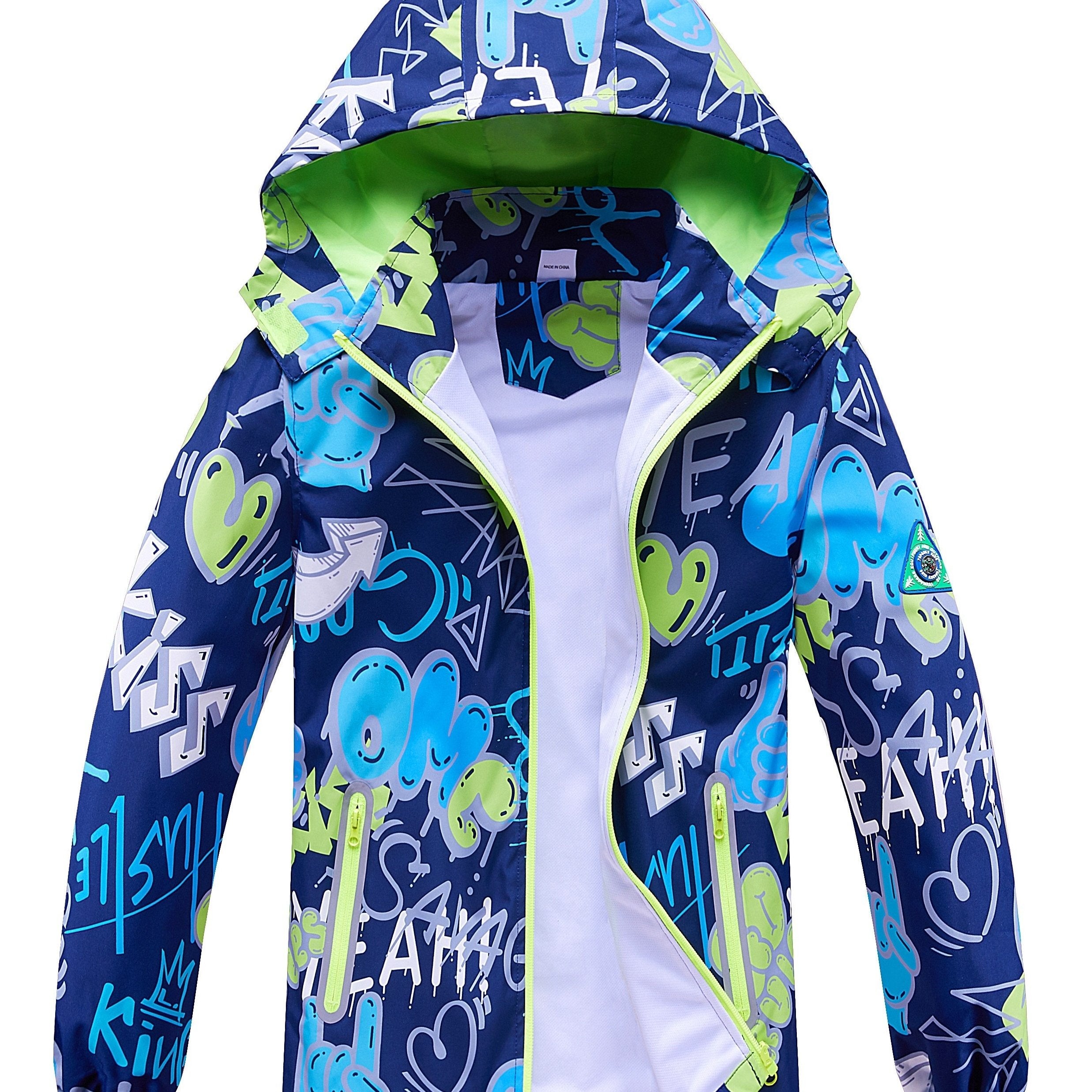 Graffiti Letter Boys Windbreaker Jacket with Hood Long Sleeve Zip Waterproof