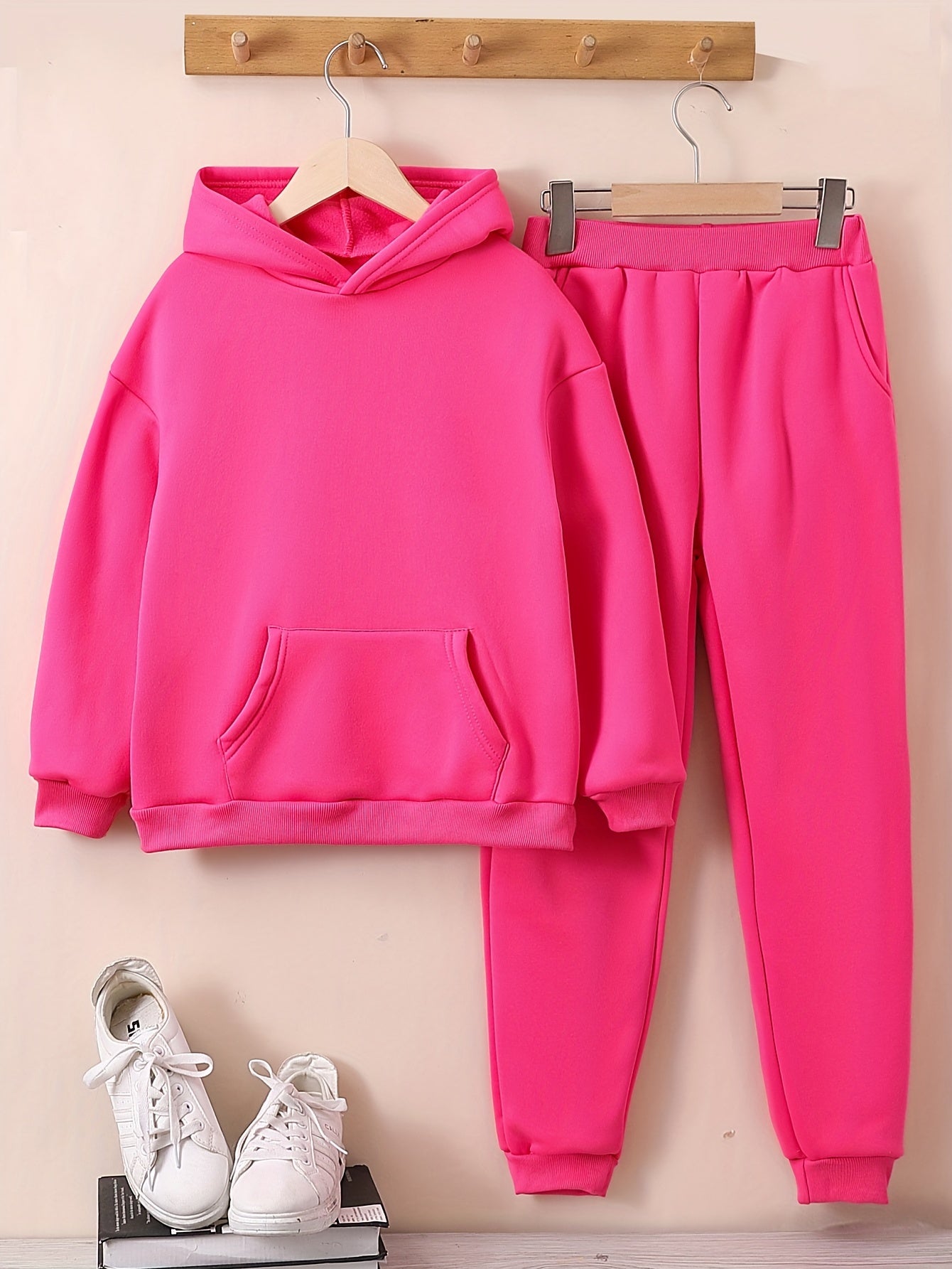 2Pcs Girls Fleece Sports Hoodie And Pant Suit Set