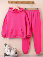 2Pcs Girls Fleece Sports Hoodie And Pant Suit Set