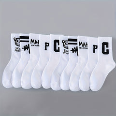 10 Pairs Letter Print Socks Women's Comfy Breathable Sports Mid Tube Stockings