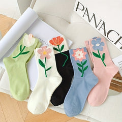 5 Pairs Floral Print Socks Women's Mid Tube Stockings Comfy & Breathable