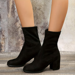Solid Chunky Heel Boots Slip On Comfortable Walking Shoes