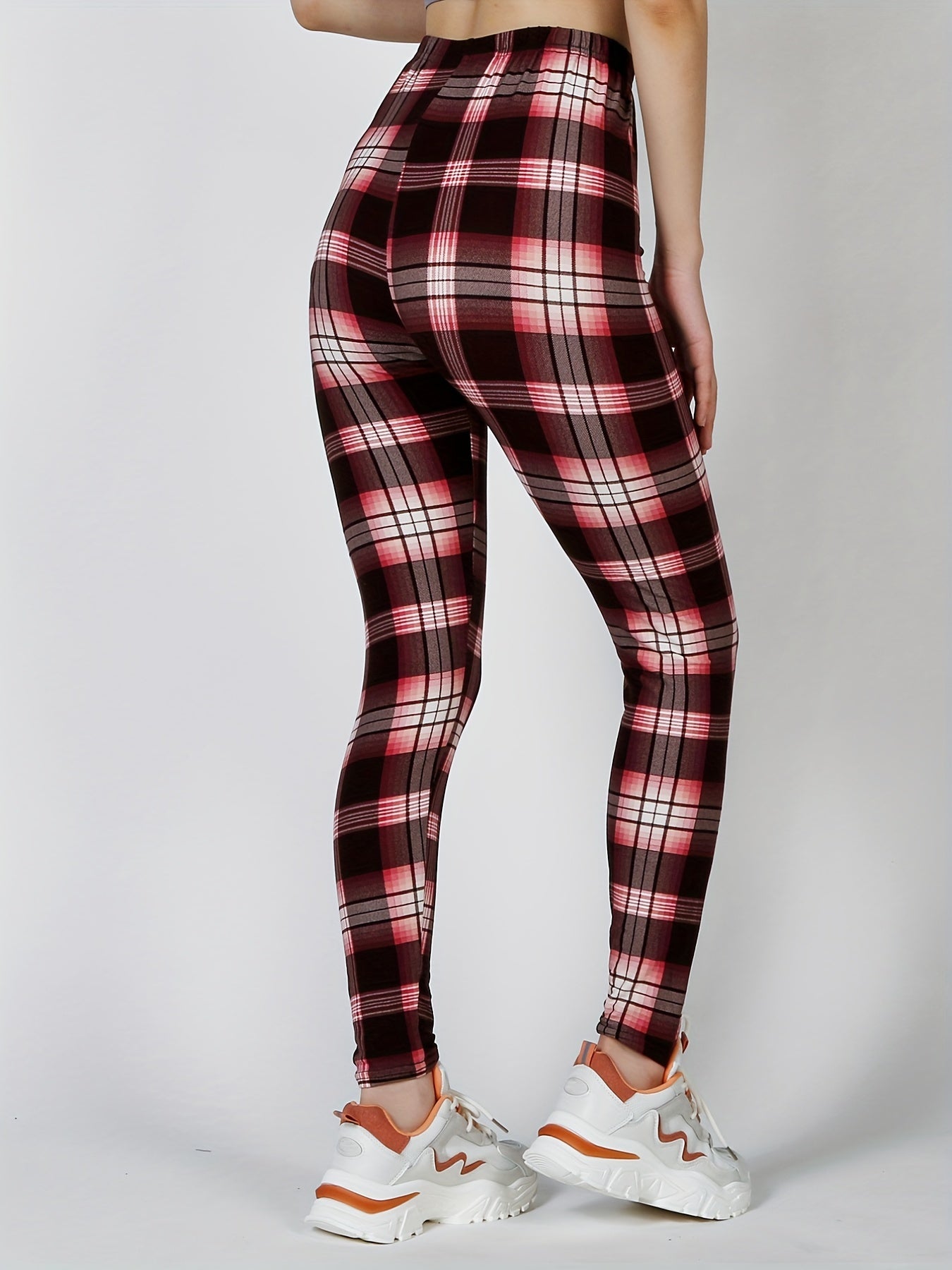 Plaid Print Leggings High Waist Slim Fit Casual Bottoms
