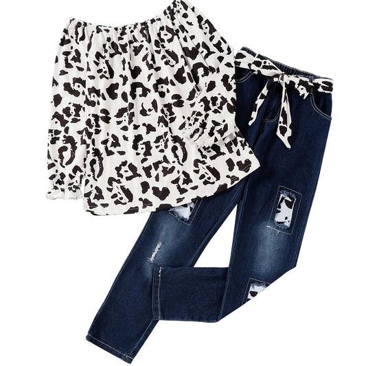 Girls Leopard Off The Shoulder Top & Ripped Jeans Set