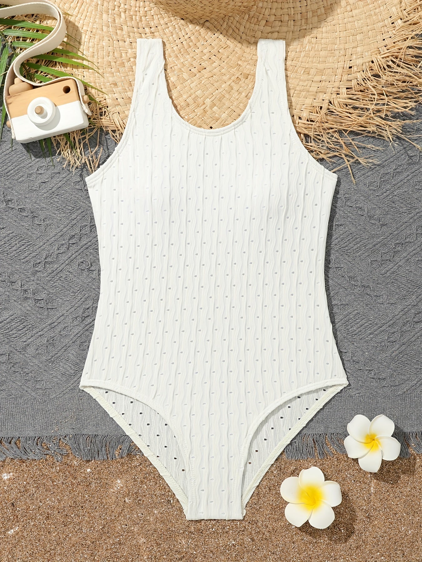 Girls One Piece Swimsuit Sleeveless Solid Textured Beach Vacation