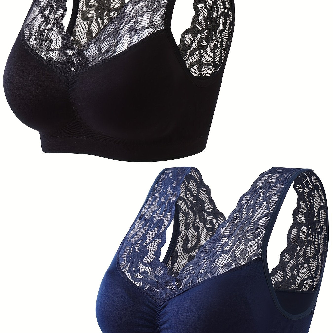 2 Pack Plus Size Sports Bras Set Women's Plus Contrast Lace Wireless Breathable