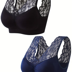 2 Pack Plus Size Sports Bras Set Women's Plus Contrast Lace Wireless Breathable