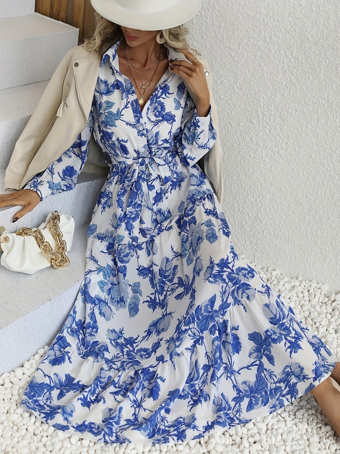 Floral Print Tiered Dress Boho Button Front Long Sleeve Dress