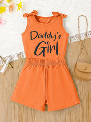 2pcs Girls Casual DADDY'S GIRL Letter Graphic Print Bow Shoulder Sleeveless Set