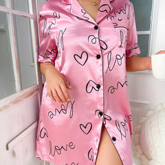 Nightgown Women's Plus Heart & Letter Print Short Sleeve Nightshirt
