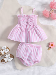 2pcs Baby Girls Bowknot Striped Cami Tops & Shorts Set