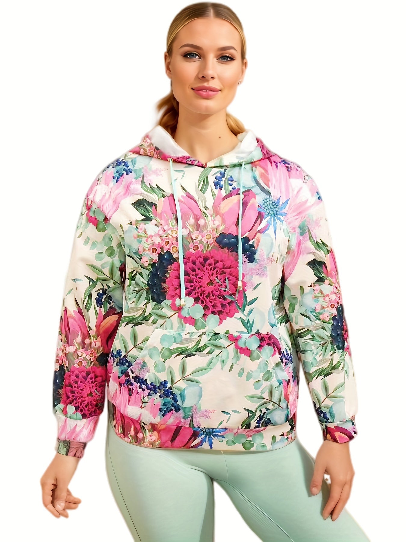 Floral Print Plus Size Sports Sweatshirt Long Sleeve Hoodie