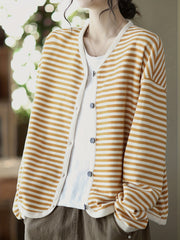 Striped Button Front Jacket V Neck Long Sleeve Outerwear