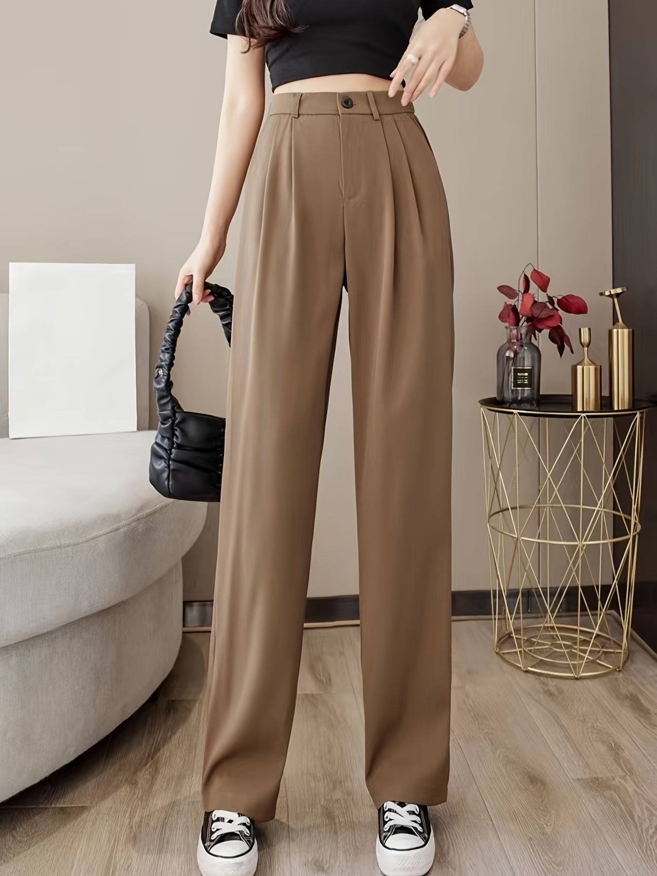 Solid High Waist Draped Long Length Pants