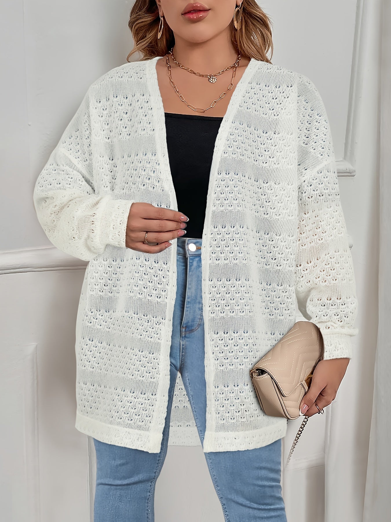 Casual Cardigan Women's Plus Solid Long Sleeve Open Front Semi Sheer
