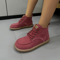 Women's Lace-up Front Flat Ankle Boots with Letter Patched