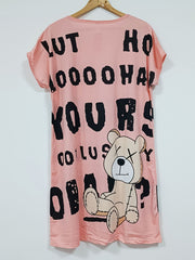 Bear & Letter Print Pajama Dress Crew Neck Long Nightdress