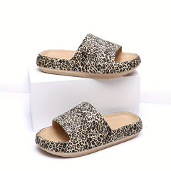 Leopard Print Slides Open Toe Slip On Shoes Women's Comfy Indoor Shoes