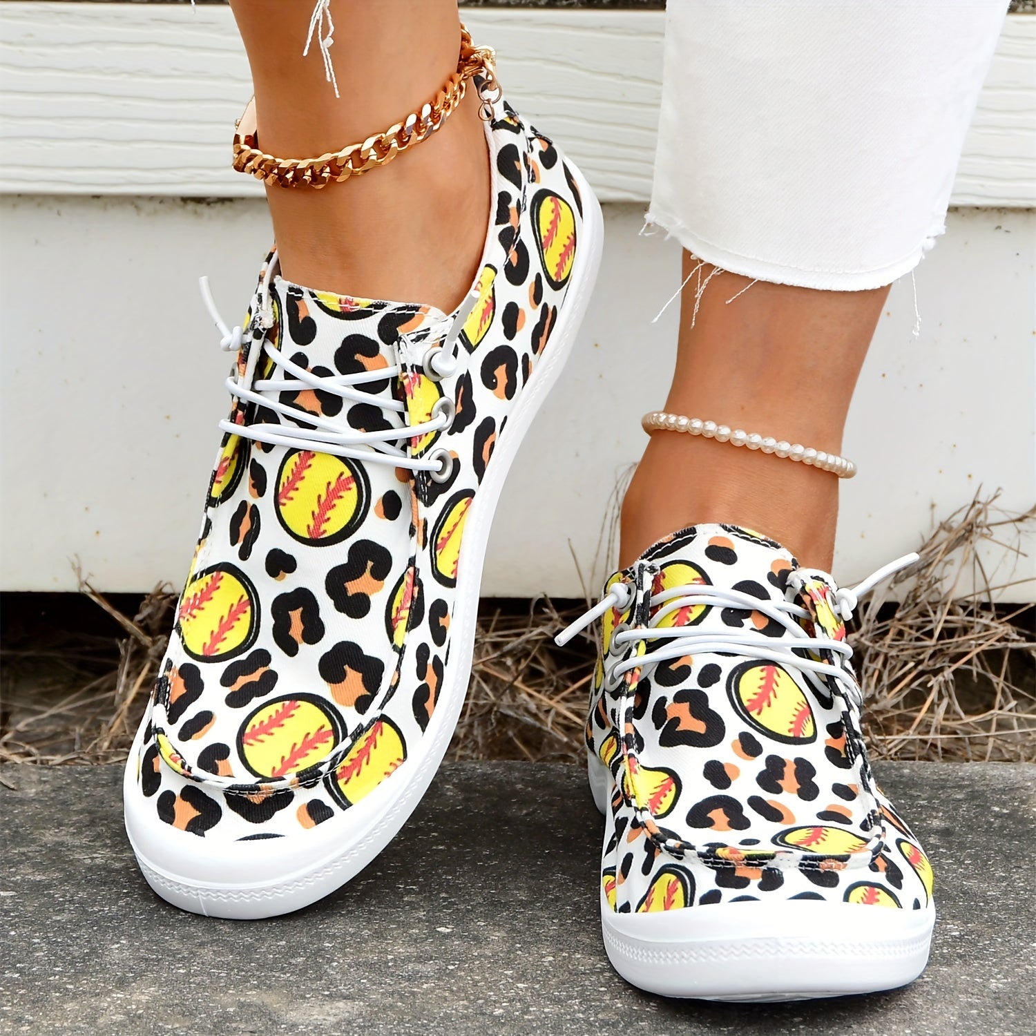Leopard Baseball Print Flat Walking Shoes Women's Flat Canvas Shoes