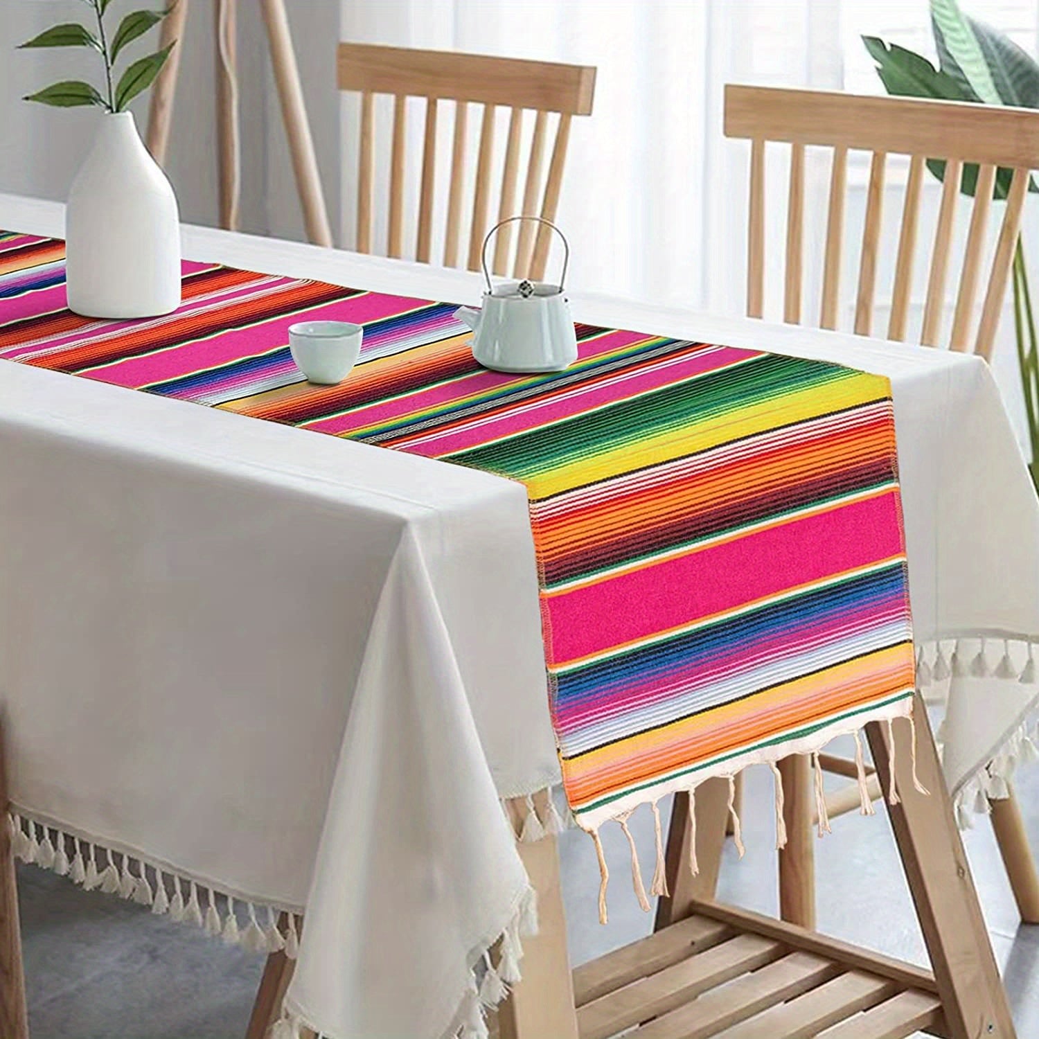 2pcs 35 56 X 213 36 Cm Boho Mexican Serape Table Runner Fringe Rainbow Colors