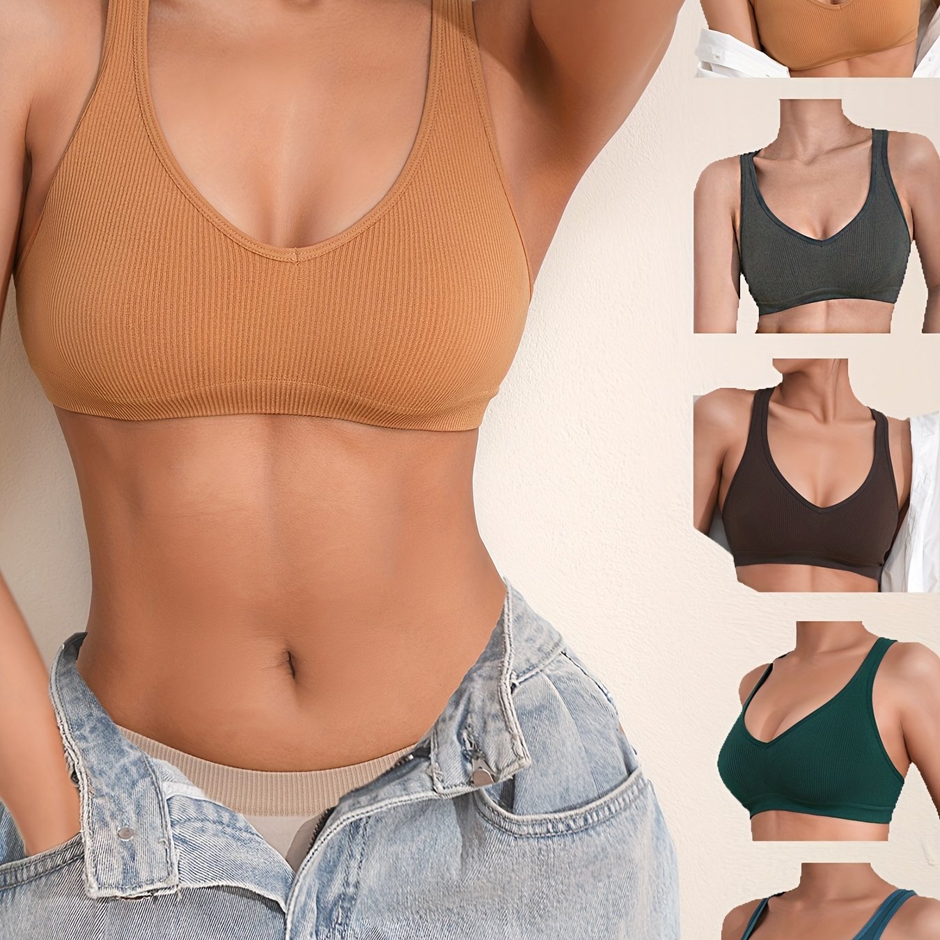 5pcs Ribbed Crop Top Sports Top Women's Underwear