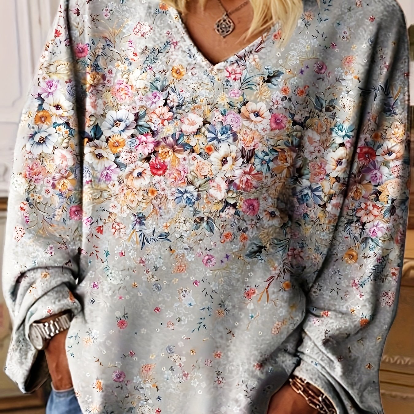 Floral Print Long Sleeve VNeck Sweatshirt Casual Fall Winter Women's Clothing