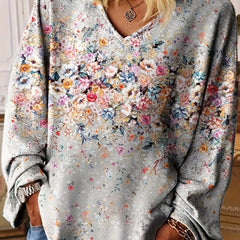 Floral Print Long Sleeve VNeck Sweatshirt Casual Fall Winter Women's Clothing