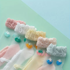 5 Pairs Kids Ice Stockings Ultra-thin Mesh Crystal Socks Cotton Strawberry Lace