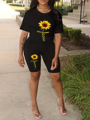 Casual 2 Piece Set Art Letter & Sunflower Print Crop Top & Shorts