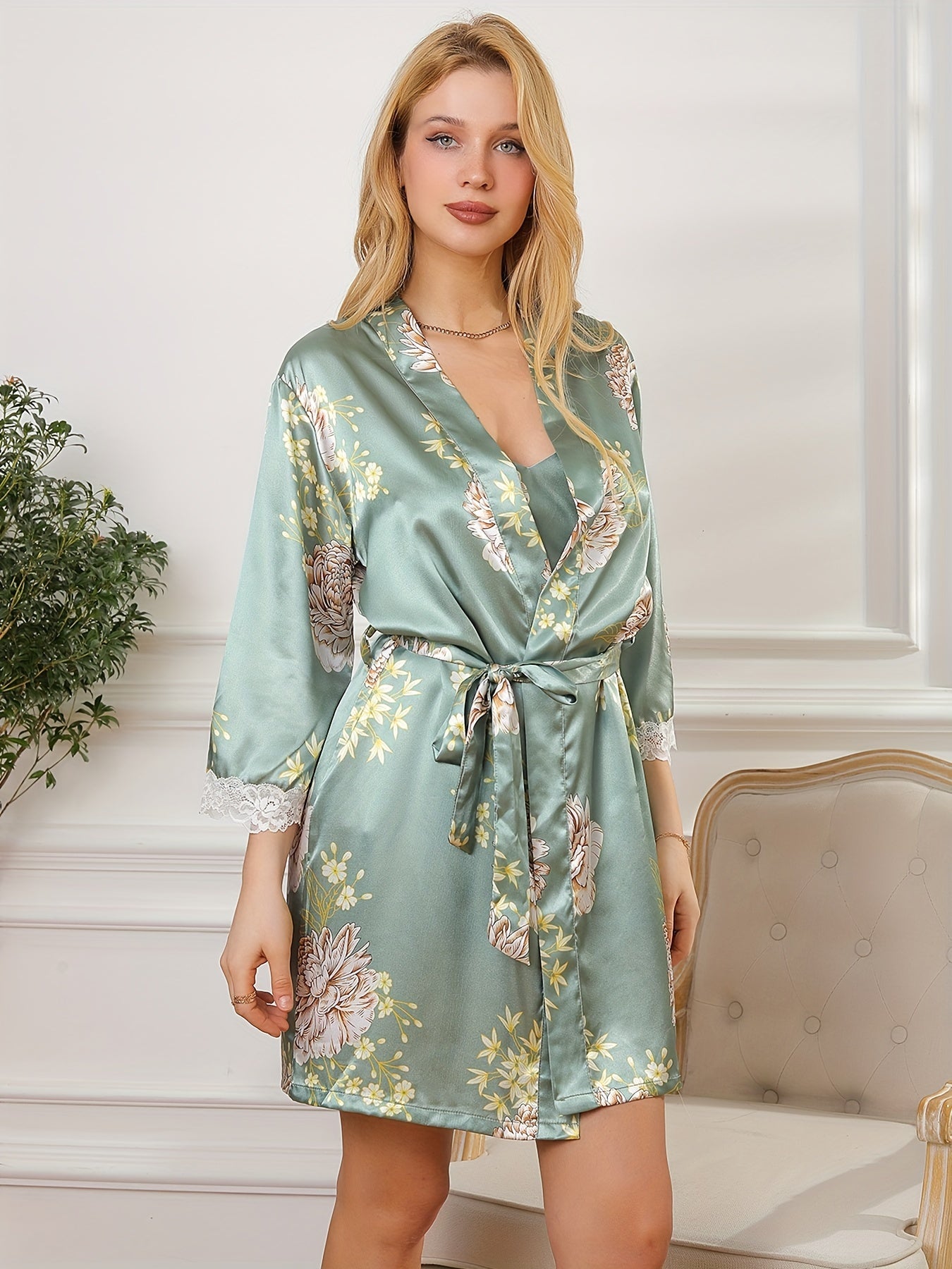 Floral Print Pajama Set Lace Trim Lace Up Robe