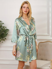 Floral Print Pajama Set Lace Trim Lace Up Robe