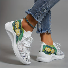 Lotus Printed Sneakers with Rhinestone Decor Low Top Sports Shoes