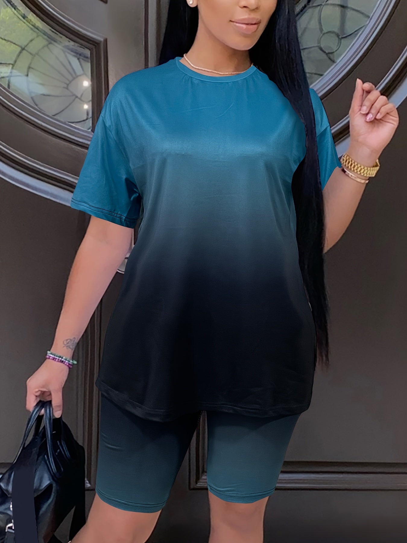 Ombre Two piece Set Casual Short Sleeve T shirt & Skinny Shorts