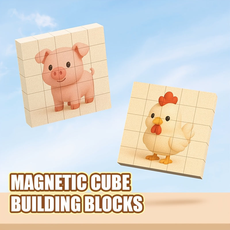 Magnetic Puzzle Toy 6 Sided Patterns Assembles into 6 Animal Designs
