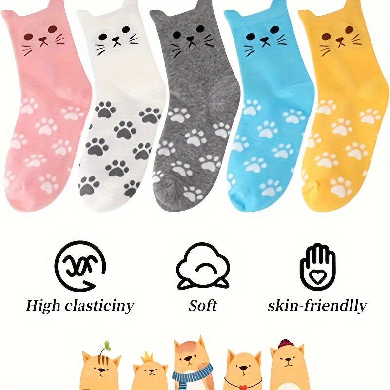 Men's Cartoon Cat Crew Socks 5 Pairs Cotton Blend Casual Unisex Socks